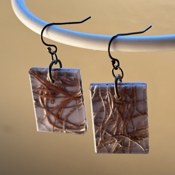 Resin Rectangular Earrings - Grey, gold, copper colour - Picture 3 of 5